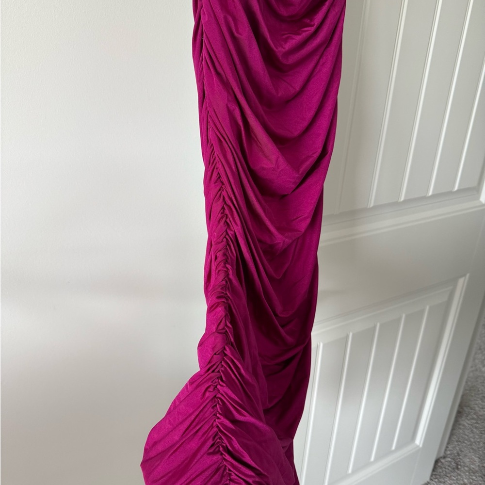 One-Shoulder Ruched Fuchsia Dress - Picture 2 of 6